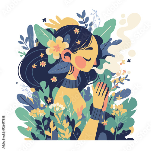 A serene scene of a woman surrounded by vibrant plants and flowers. She gently sips a warm drink, lost in natures beauty, with a peaceful expression on her face.