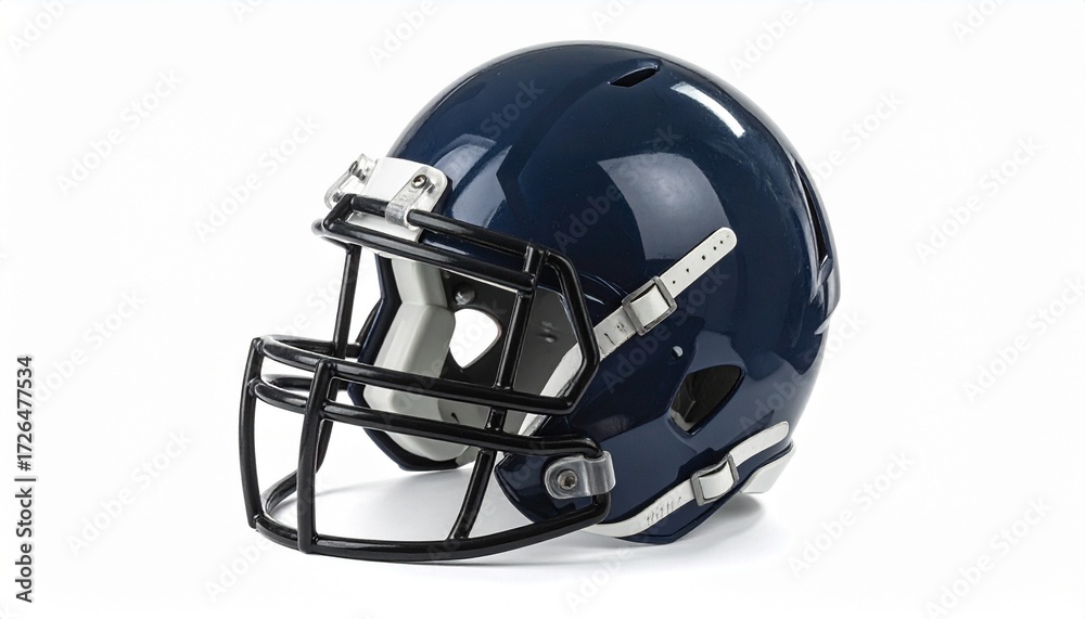 Fototapeta premium Dark blue American football helmet with black facemask and silver hardware—evoking impact, precision, and the protective choreography of sport, strength, and engineered resilience.