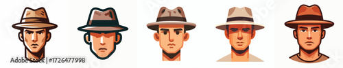 Avatar face of a short-haired man wearing a fedora hat, white skin, serious expression