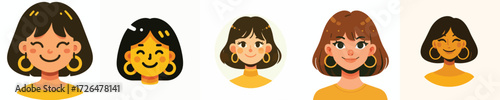 Avatar face of a woman with bobbed hair wearing large hoop earrings, yellow skin, cheerful expression