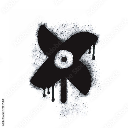 A spray-painted pinwheel toy icon isolated on a white background. A spray-painted pinwheel toy icon in black on white. Vector illustration.