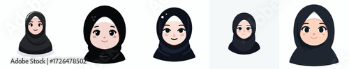 Black hijab woman face avatar, white skin, small smiling expression
