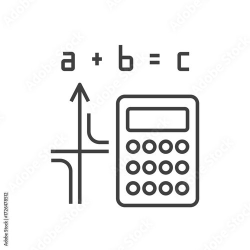 Vector icon representing mathematics with a calculator, algebraic equation, and graph. Ideal for education, school, learning apps, web pictograms. Editable stroke. Algebra, geometry subject study