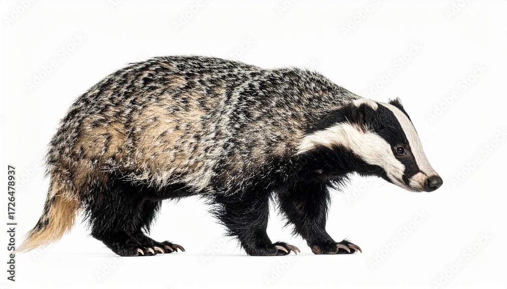 Obraz premium European badger stands alert—black and white facial markings, coarse fur, and visible claws evoke wildlife identity, natural resilience, and grounded presence in minimalist animal symbolism compositio