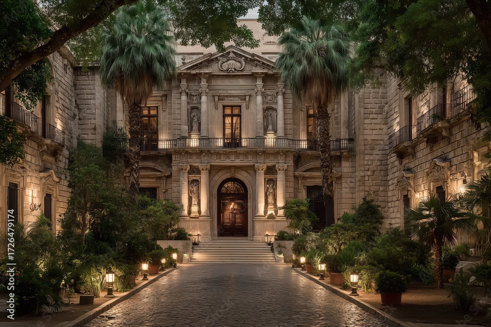 Fototapeta premium Grand Stone Mansion At Dusk With Lush Greenery