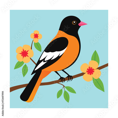 Orange and black bird perched on a branch with flowers