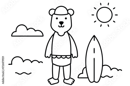 Polar Bear Surfer Coloring Page with Surfboard Sun and Clouds Illustration