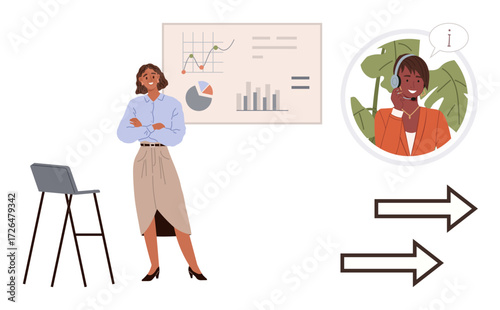 Woman presenting charts and graphs on board, engaging with remote support. Ideal for business training, analytics, customer service, virtual communication, presentation skills, teamwork, simple flat