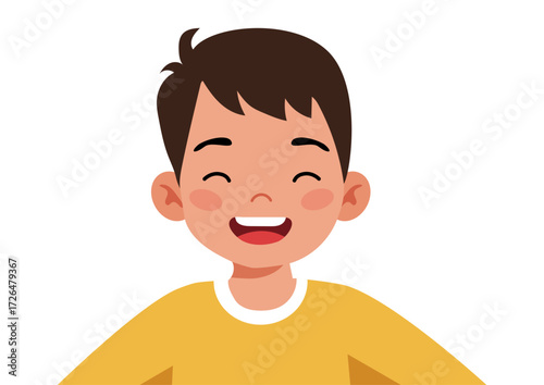 Happy smiling boy, joyful child with white teeth smile. Child shows positive emotions. Happiness, childhood, children concept for design.