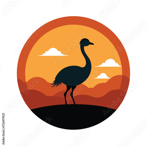 Ostrich silhouette in a desert landscape at sunset Keywords: ostrich, bird, silhouette, desert