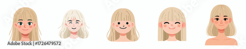 Female face avatar with center-parted bangs, blonde hair, pale skin, happy expression