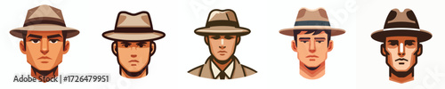 Avatar face of a short-haired man wearing a fedora hat, white skin, serious expression