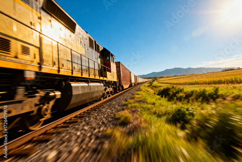 freight trains moving across vast  field.industrial logistics and agricultural transportation network symbolizing economic growth and sustainable infrastructure development.Generated by AI
