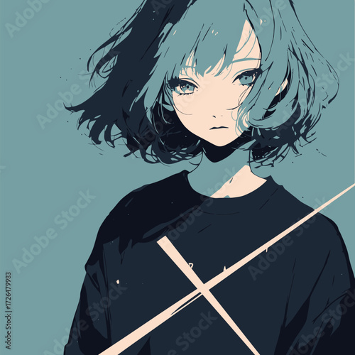 A girl with shoulder-length teal hair stands confidently, looking directly ahead while wearing a black shirt. The background features a solid, muted color.