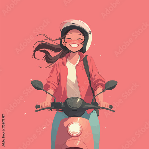 A young woman with long hair smiles brightly while riding a scooter. She wears a helmet and a stylish jacket. The vibrant pink background adds to the cheerful vibe of the scene.