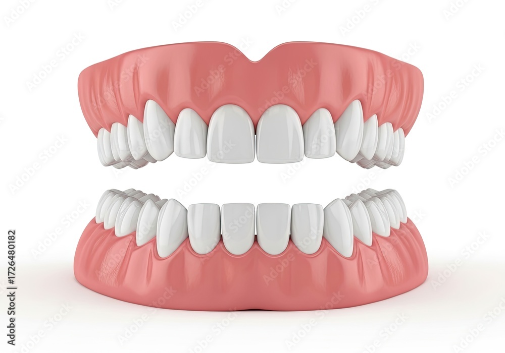 Obraz premium Set of Complete Dentures with White Teeth and Pink Gums Isolated on White Background