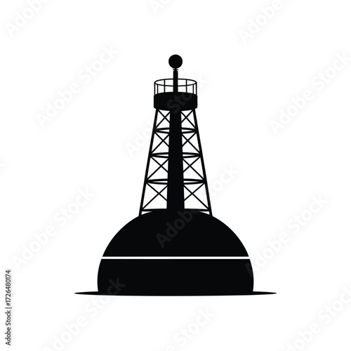 Black silhouette of a tall navigational buoy with a lattice tower structure