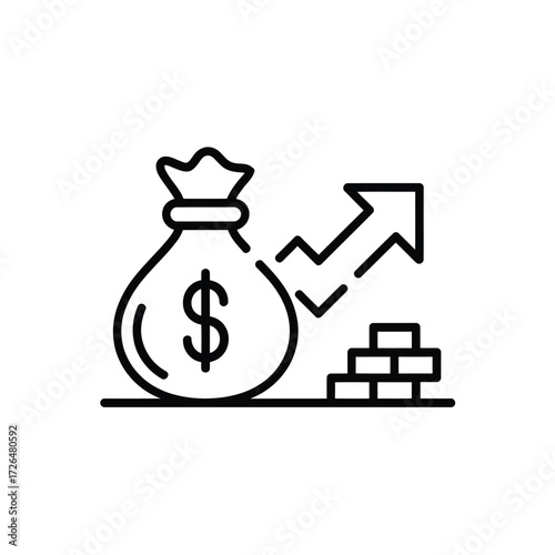 Financial growth represented by a money bag rising arrow and stacked coins icon