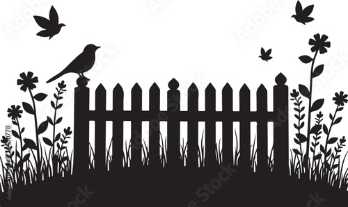 Black silhouette of a picket fence with birds and flowers