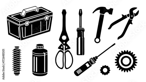 Black Vector Silhouette Icons of Toolbox, Open Wrench, Adjustable Spanner, Gear and Pliers on Transparent Background
