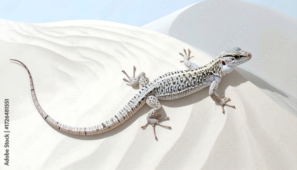 Naklejka premium A pale lizard with dark stripes rests on pristine white sand dunes