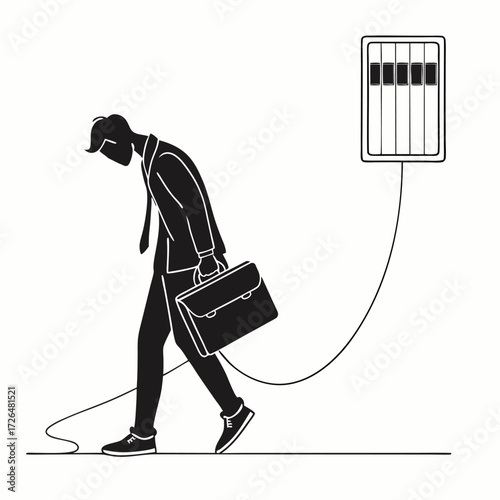 Tired businessman connected to a battery