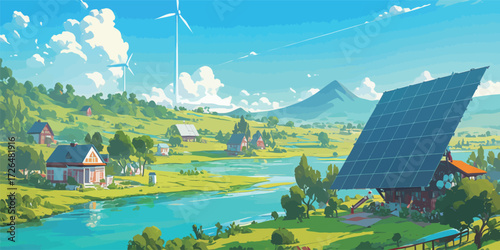 A vibrant landscape features a river winding through a lush green valley. Wind turbines turn in the distance while solar panels gather sunlight near a cozy village.