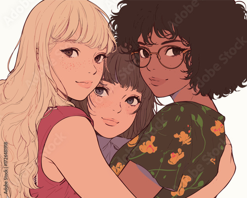 Three young women share a joyful moment as they hug each other closely. Their diverse styles highlight their friendship on a sunny day, filled with happiness and laughter.