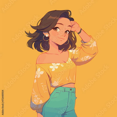 A young woman stands confidently with one hand on her head, wearing a yellow floral top and turquoise pants. Her bright smile adds to the cheerful atmosphere.