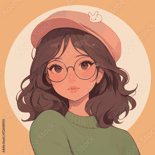 A young woman with curly brown hair wears glasses and a pink hat. She has a gentle expression and stands against a soft pastel background that enhances her features.