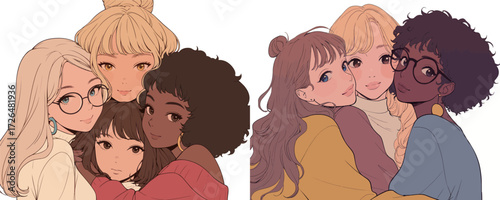 Five friends express joy and connection as they gather closely in a comfortable, inviting environment. Each person showcases unique features and styles.