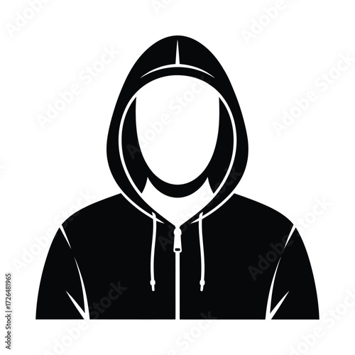 Anonymous figure wearing a black hooded sweatshirt with a zipper front