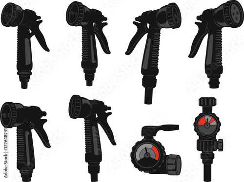 Collection of garden hose spray nozzles, water sprayers, irrigation tools, adjustable watering equipment, outdoor gardening accessories, vector illustration, black silhouette icons