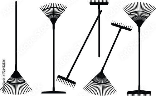 Collection of garden rake silhouettes, leaf rake, lawn tool, soil rake, agriculture equipment, yard cleaning tools, vector illustration, gardening design