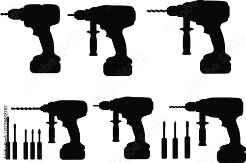 Cordless drill, electric drill, power tools, screwdriver set, drilling machine, DIY equipment, construction tools, professional repair, industrial work, handyman tools illustration