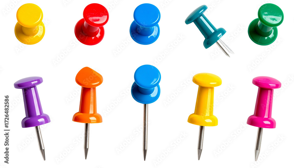 Fototapeta premium Set of push pins in different angles. Png transparency