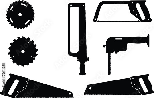 Hand saw, hacksaw, circular saw blade, electric saw, woodworking tool, carpentry equipment, cutting tools, construction hand tools, repair instruments, DIY tools