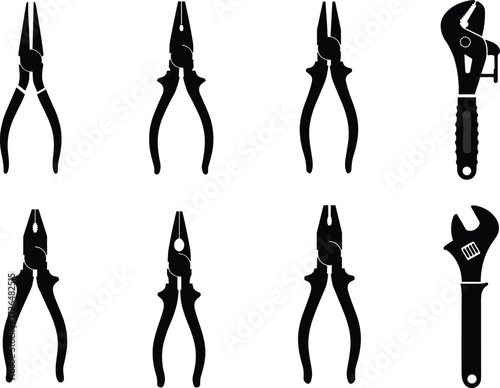 Hand tools collection, pliers, adjustable wrench, cutting pliers, gripping tools, electrician tools, repair equipment, steel pliers, mechanic tools, workshop essentials, DIY tools