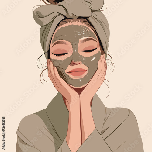 A woman with a head wrap applies a soothing facial mask while resting her hands on her face. She appears peaceful and content, embracing self-care and relaxation time.