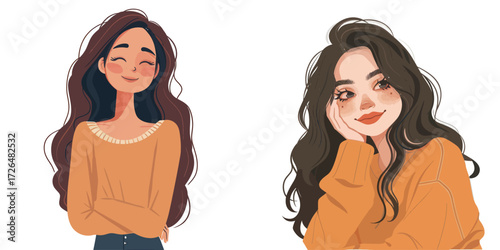 Two young women are smiling softly, sporting long hair and cozy sweaters. One stands with arms crossed, while the other rests her chin on her hand, conveying a cheerful mood.