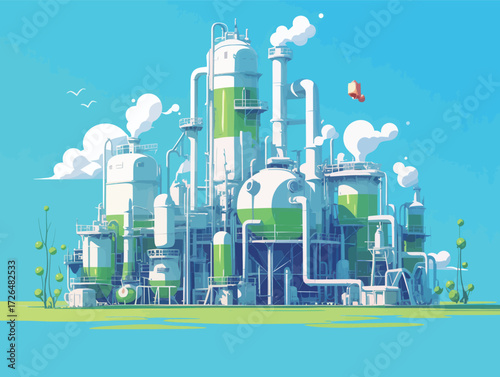 This industrial facility features large tanks and pipes with vivid green accents, emphasizing sustainability.