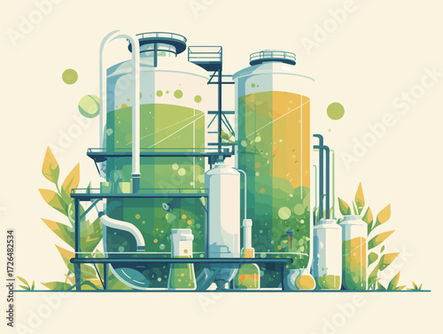 Large industrial tanks display vibrant green fluids as they process natural materials. Surrounding foliage adds a touch of nature to the eco-friendly facility in operation.