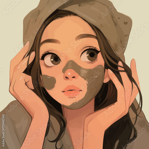 A young woman enjoys a self-care moment at home, applying a clay mask on her face. She appears calm and focused while surrounded by a cozy atmosphere.