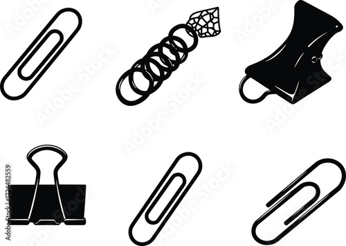 Paper clip, binder clip, office clip, stationery tool, desk accessory, metal fastener, school supply, document holder, organization, vector illustration