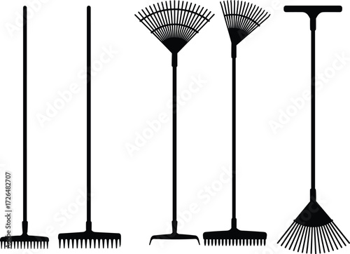 Set of garden rakes silhouette, lawn tools, leaf rake, metal rake, yard cleaning equipment, gardening tool, agriculture, vector illustration, handle