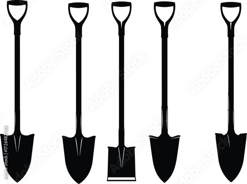 Set of shovel silhouettes, digging tool, gardening equipment, construction shovel, soil tool, farming spade, outdoor work tools, vector illustration design
