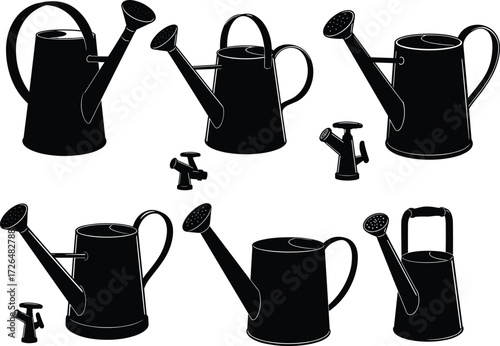 Set of watering cans and garden taps, irrigation tools, gardening equipment, outdoor watering accessories, black silhouette vector, icon, container, spout