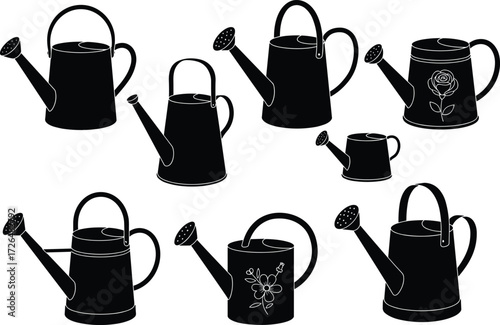 Set of watering cans with floral design, garden tools, irrigation equipment, outdoor watering accessories, silhouette vector, spout, container, handle