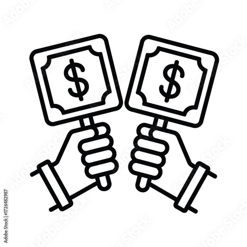 Two hands holding auction paddles with dollar signs representing bidding and winning