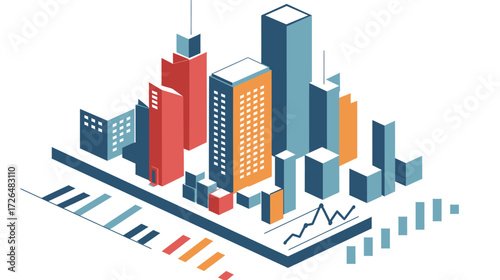 Colorful depiction of a city skyline filled with tall buildings representing urban architecture and economic development. The scene includes graphs indicating growth trends.